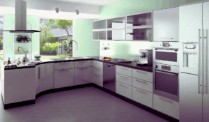 L-shaped kitchen with teal walls