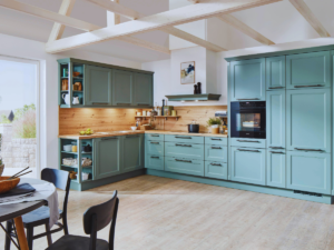 Contemporary kitchen with framed kitchen cabinets