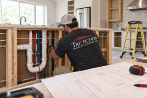 TriFection contractor examining existing plumbing lines during kitchen remodel