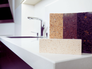 Quartz countertop with quart samples on it
