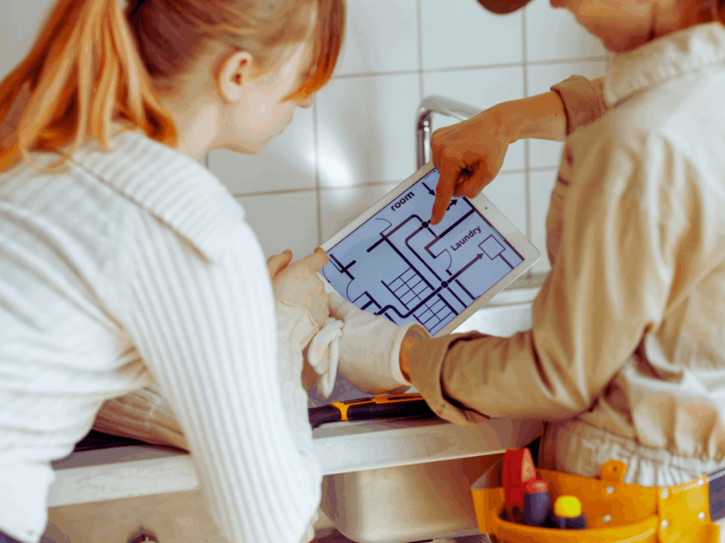 Homeowner going over room addition checklist with remodeler